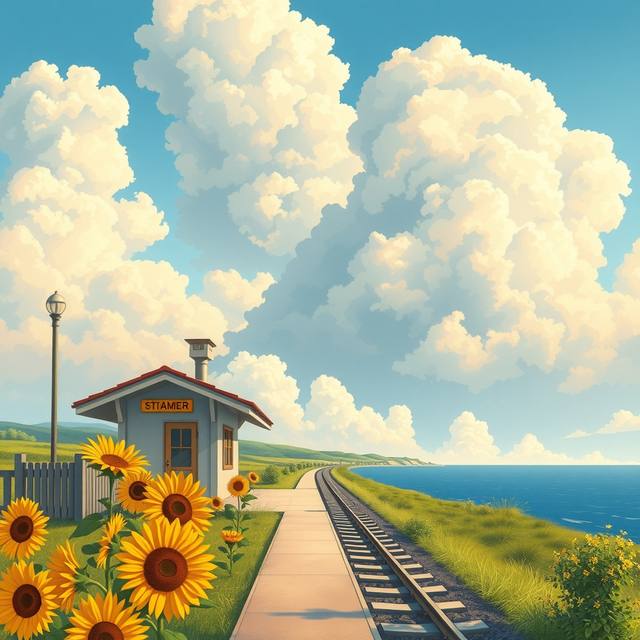 A hand-painted anime-style seaside train station with sunflowers and tall summer clouds