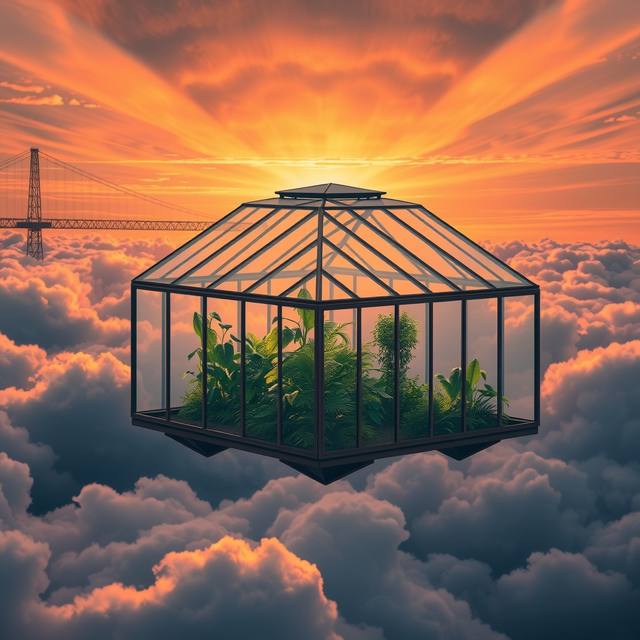 A glass greenhouse full of plants floating above clouds at sunrise