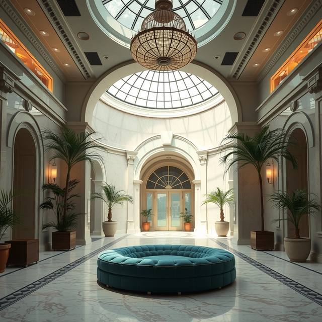 An empty grand hotel lobby with a glass dome, palms and a round velvet sofa