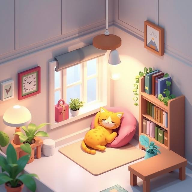 An isometric pastel room with bookshelves, plants and a sleeping orange cat