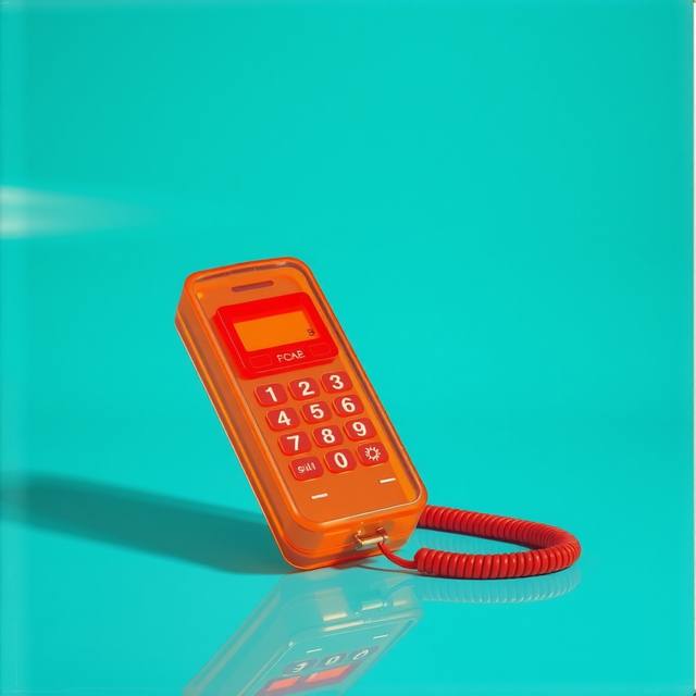 A 90s-style product photo of a see-through orange cordless phone on a teal backdrop