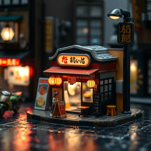 A handcrafted-look miniature ramen shop on a wet street at night, lit by paper lanterns