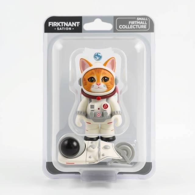 An original astronaut cat figure sealed in a toy blister pack with a helmet and moon map