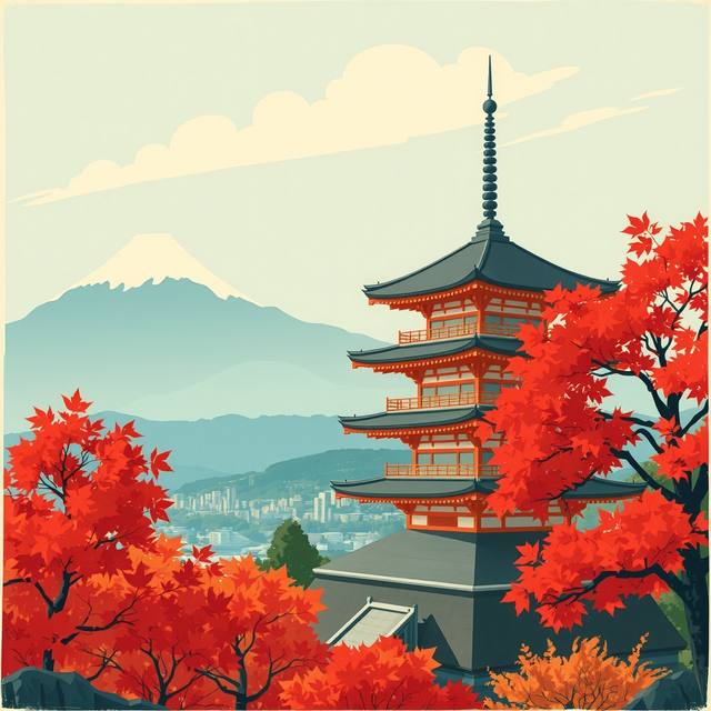 A flat-color vintage travel poster of a pagoda among red maple trees